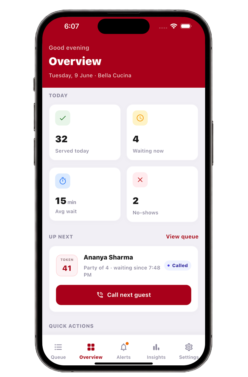 Quelez dashboard overview on mobile